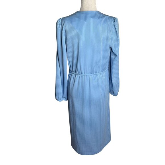 Vintage 80s Faux Wrap Dress Sz Medium Blue Striped Puff Sleeve Elastic Waist - Picture 4 of 6